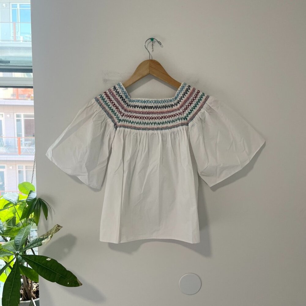 Parker White Embroidered Smocked Puff Sleeve Blouse Size XS